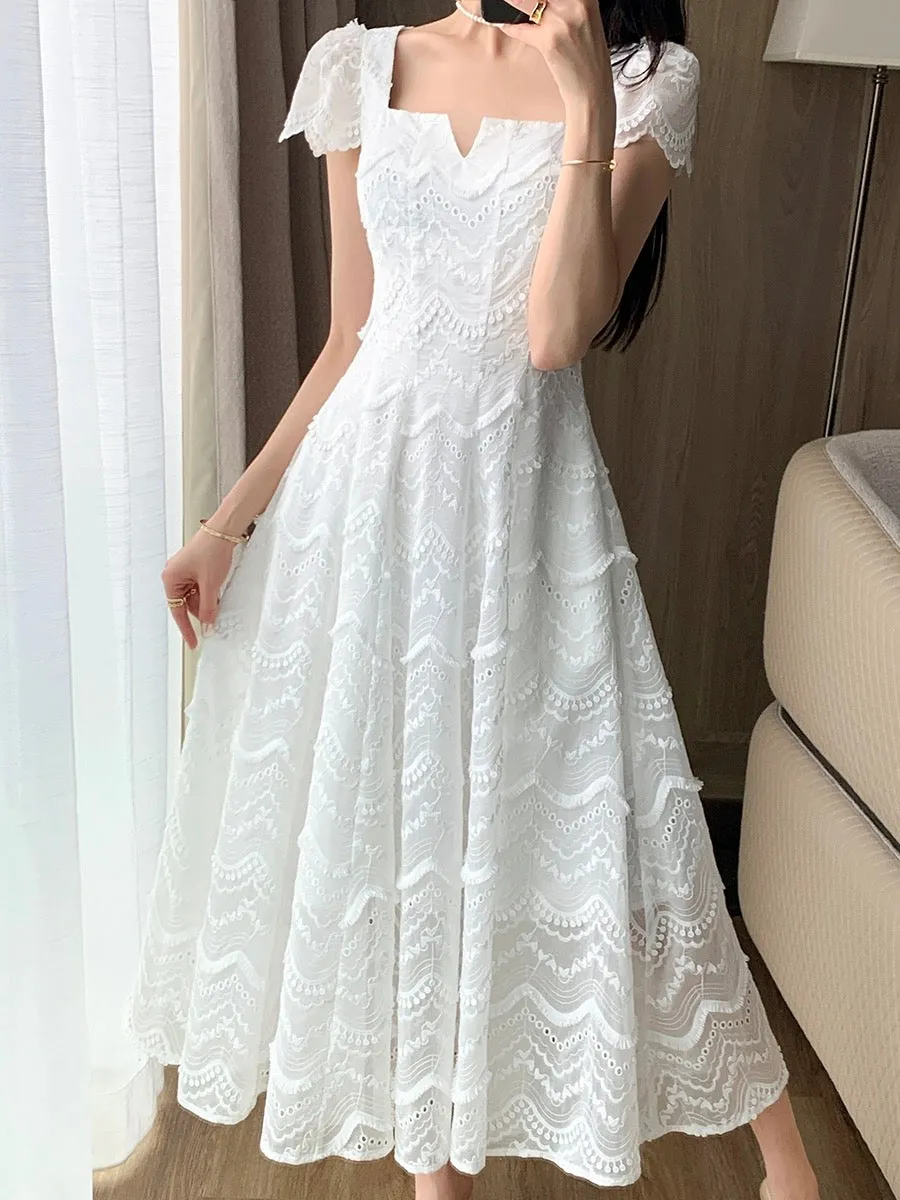 Guoge's 2024 summer new white square neck dress women's French tea break gentle wind tencel small white dress